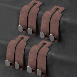 Kongming Car Seat Double Hook Back Hook, Leather Car Seat Headrest Car Hook, Metal Hook for Car Seat Backrests, Storage Hooks Car Seat Car, Headrest Hooks (Brown, 4 Pieces)
