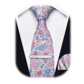 YourTies Pink Floral Tie for Men 2.5" Printed Cotton Skinny Necktie Pocket Square Tie Clip Flower Wedding Party Groom