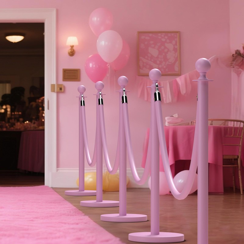kaiyomi 4Pcs Stanchions with Pink Velvet Ropes Set, 5 Feet