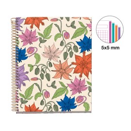 Miquelrius - Recycled A5 Notebook, 4 Coloured Stripes, Squared 5 x 5 mm, 120 Sheets, Spiral Bound, Vintage Lily Collection, Flowers