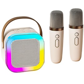 Kids Karaoke Machines with 2 Wireless Microphones, Portable Karaoke Machine with Bluetooth Speaker with LED Light/Voice Changer Mic/Present for Kids Boys Girls Families Birthday Party (Beige)
