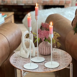 Scandi Style Tulip Top Taper Candle Holders, Set of 3, Artisan Crafted, Finished in White, Hand Rubbed Iron, 13, 11, and 9 Inches Tall