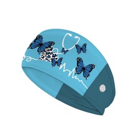 LedBack Butterfly Nursing Headbands for Women with Buttons for Mask Doctor Tablet Print Nurse Accessories for Work Hair Bands Blue Turban Women Head Wrap Headwear