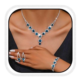 Unicra Silver Bridal Wedding Jewelry Set Rhinestone Necklace Earrings Bracelet Sets Formal Prom Costume Jewelry Sets for Women and Brides (Peacock Blue)