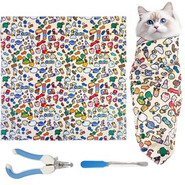 Piemow 31.5" Cat Grooming Wrap with Nail Clipper, Multifunctional Cats Restraint for Nail Trimming, Machine Washable Pet Grooming Tool