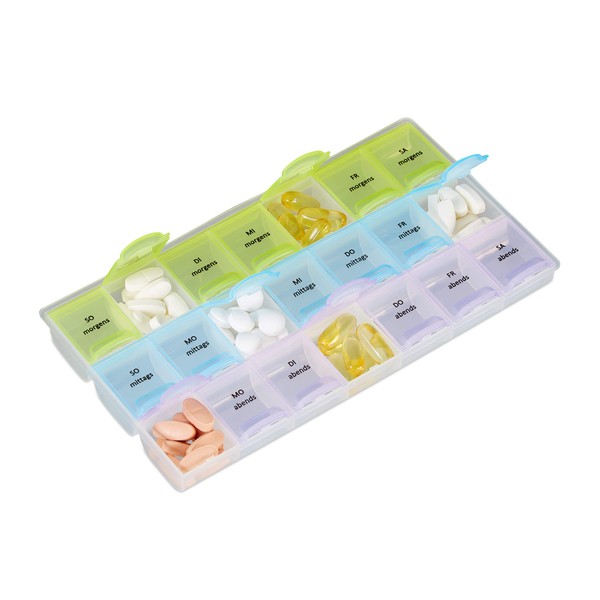 Relaxdays 7 Day Pill Box, 3 Compartments, Morning, Noon, Evening, Weekly Medicine Dispenser with Lid, Transparent, Pack of 1
