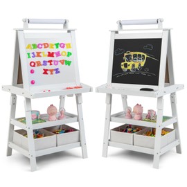 HONEY JOY Art Easel for Kids, 3-in-1 Double-Sided Wooden Toddler Easel w/Magnetic White Board & Chalkboard, Paper Roll, 2 Storage Bins, Painting Dry Erase, Kids Easel for Boys Girls Aged 3+ (White)