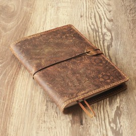 Genuine Leather cover for Hobonichi Cousin, Stalogy, Midori, A5 Leuchtturm1917, and A5 bible, A5 noteboook with Book Marks and Pen Loop - Tooled Brown - 310H-A5