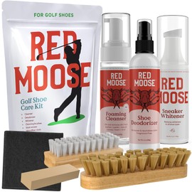 RED MOOSE 7 Piece Golf Shoe Cleaning Kit with White Sneaker Cleaner (Whitener), Foaming Shoe Cleaner, Deodorizer, Stain Eraser, Microfiber Cloth, 2 Brushes & Storage Bag - Golf Gifts for Men & Women