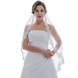 SAMKY 1T 1 Tier Flower Scallop Embroided Lace Veil - White Fingertip Length 36" V474