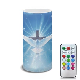 Poceacles Dove of Peace Cross Blue Flameless LED Candle Flickering Wick Electric Candles with Remote Timer Color Changing Fake Pillar Candle for Home Indoor Tabletop Wedding Decoration