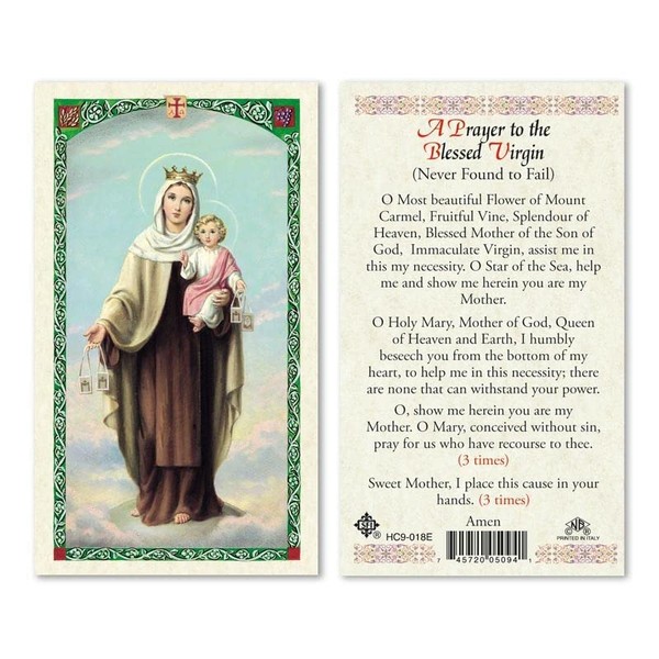 A Prayer to the Blessed Virgin Of Mount Carmel.Laminated 2-Sided Holy Card (3 Cards per Order)