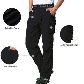 Mens Hiking Pants Convertible Zip Off Shorts Outdoor Quick Dry Lightweight Fishing Travel Safari Cargo Trouser Black