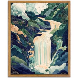 AtterrirArt Framed Landscape Wall Art, Japanese Abstract Waterfall Picture Painting Print, Modern Minimalist Wall Decor, Canvas Wall Art, Ready To Hang, 12 * 16 Inch