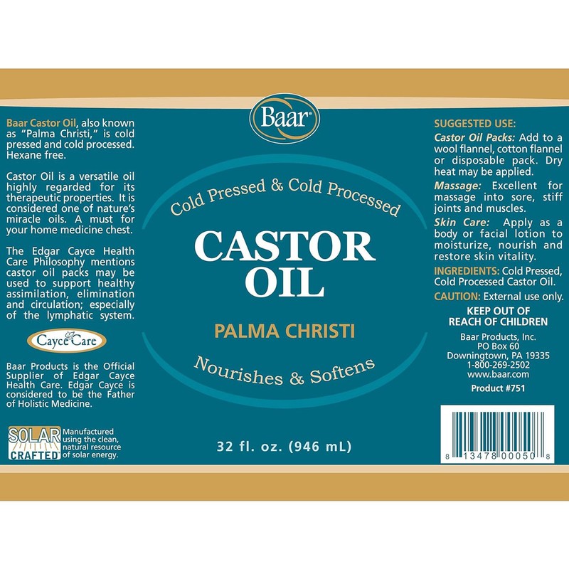 Baar Cold-Pressed Castor Oil, Cold-Processed, Hexane-Free, Palma Christi, for Skin,