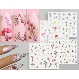 Floral Nail Tattoo Water Transfer Nail Sticker Flower Bouquet Theme Nail Sticker Tattoos Fairy Tale Nail Design 6 cm (4 Sheets)