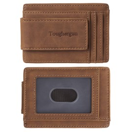 Toughergun Minimalist Wallet for Men with Magnetic Money Clip Leather Slim Wallet, Credit Card Holder RFID Blocking Front Pocket Holds Cash and Cards (Deep Brown)