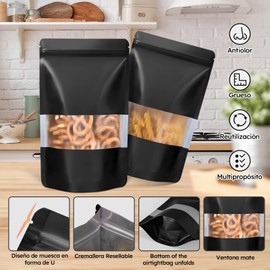 Bolsas de Papel Kraft de 100 Piezas, Bolsas Pouch con Ventana y Cierre Hermético de Cremallera, Bolsas Resellables para Dulces, Accesorios, Aperitivos, Joyería y Más, 15x22cm (Negro)