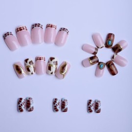 Uñas postizas cuadradas cortas - Uñas postizas con estampado de vaca occidental y carey con diseños de diamantes de imitación turquesa, uñas postizas 