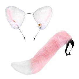 Cat Ears Fox Tail Handmade Plush Tail Set for Role Playing, Artificial Fur Headwear, Party Costumes (pink)