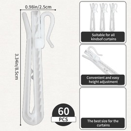 60 Pcs Adjustable Pinch Pleat Curtain Hooks - Plastic Drapery Clips for Drapes, Window & Shower Curtains, Easy Install (White)