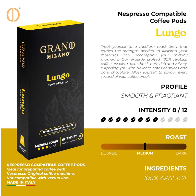 Grano Milano Lungo 100% Arabica - 50 Aluminium Coffee Pods