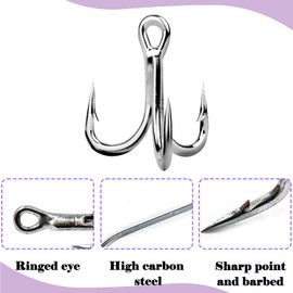 Natufish Treble Fishing Hooks 4X Strong - 10Pcs Triple Hooks Sharp Barbed/High Carbon Steel/Round Bend for Lures Freshwater Saltwater(Size 6#)