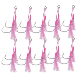 RIZES Fishing Double Hook Assist Needle Split Lures Feather Salt Aging Tinsel Jig Fishing Iseni 15#10pcs Pink