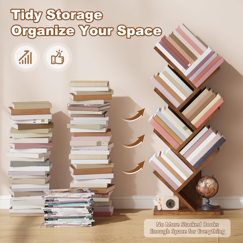 Hoctieon 7 Tier Tree Bookshelf, 7 Shelf Bookcase, Free Standing
