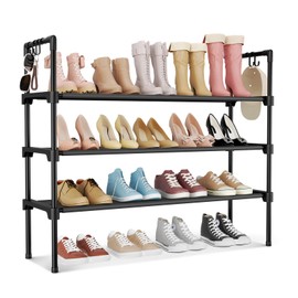 LANTEFUL 3 Tier Shoe Rack for Closet, Shoe Organizer with 5 Hooks, Long Shoe Shelf Storage for Shoe and Boot Stackable Free Standing Shoe Rack for Entryway, Garage, Small Spaces, Dorm, Black