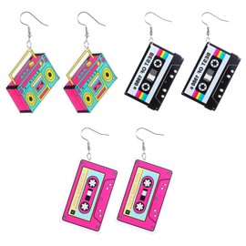 Tyqour 3Pairs Vintage Cassette Tape Earrings 80s 90s Earrings for Women Retro Geometric Drop Dangle for 80's Outfits Cosplay Glow Party Music Party 70s 80s 90s Accessories