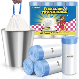 T.FORING 8 Gallon Trash Bags Drawstring 1.2 Mil - 100 Count White Medium Garbage Bags Unscented, 30 Liter Thick Plastic Trash Can Liners for Home Kitchen Bathroom
