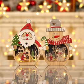 Home Dreams Wooden Christmas Decorations, Santa and Snowman Figurines with Illuminated Scene