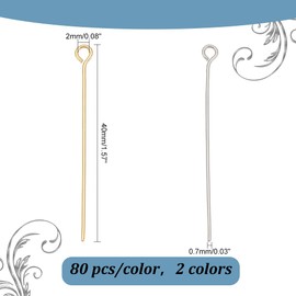 PH PandaHall about 160pcs Silver And Golden Color 40mm Long 304 Stainless Steel Eye Pin For Jewellery Making, Hole: 2mm