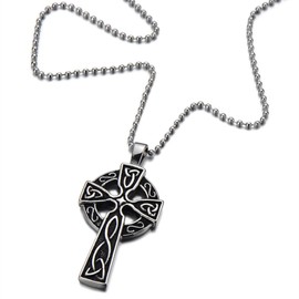 COOLSTEELANDBEYOND Stainless Steel Mens Celtic Cross Pendant Necklace Silver Black Two-Tone with 23.6 in Ball Chain