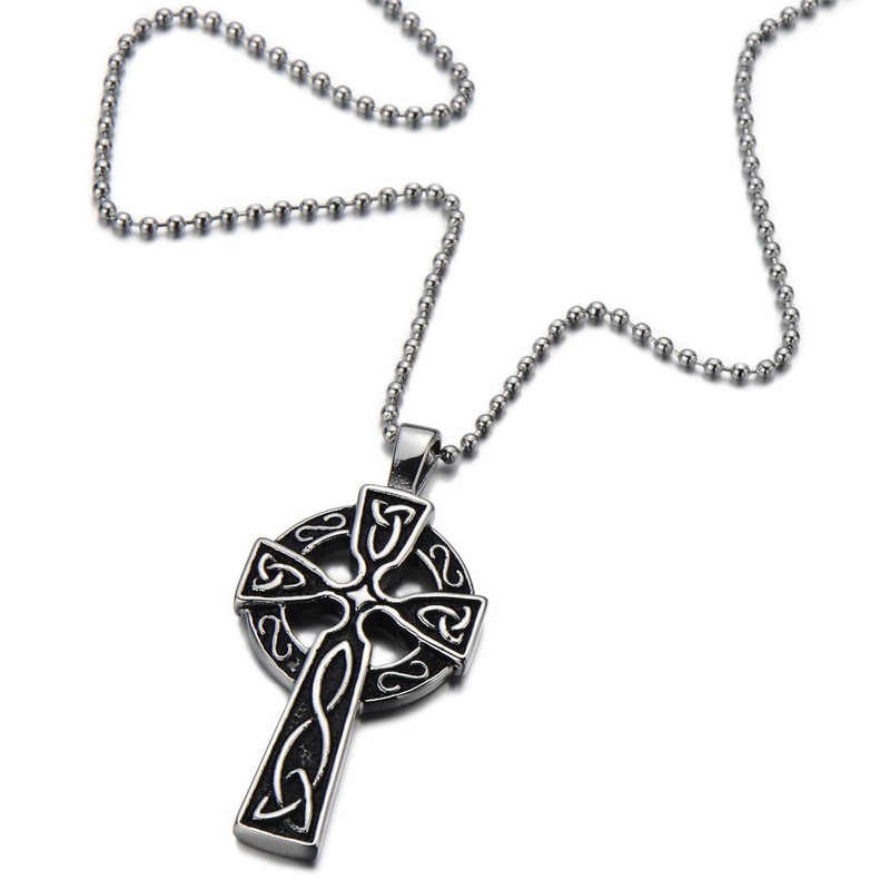 COOLSTEELANDBEYOND Stainless Steel Mens Celtic Cross Pendant Necklace Silver Black