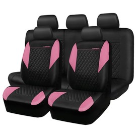 CAR PASS Pink Leather Seat Covers,Girly Quilting Pretty Cute Car Seat Cover with 5mm Composite Sponge Inside,Airbag Compatible, Universal Fit for Most Sedan,SUV,Vans(Full Set,Pink)