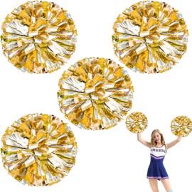 IONPSHG 4Pcs Cheerleader Pompoms Metallic Foil Cheer Poms Hand Flower Pompoms with Baton Handle Cheering Squad Pompoms Handheld Cheerleader Pompom Plastic Ring Pompom for Team Spirit Sports Dance