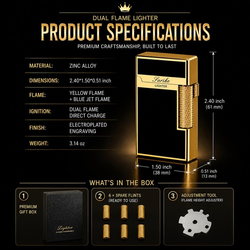 Refillable Butane Lighter, Dual Flame with Soft Flame & Jet