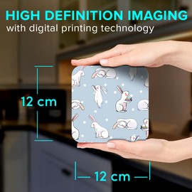 1 x Square Jumbo Size Coaster 12cm Cute Easter Bunny Pattern Rabbits Cork Backed MDF Glossy Tea Coffee Accessory #50658