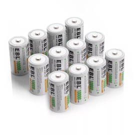 EBL D Cell Size NIMH Rechargeable Batteries 1.2V Battery + Case Box Lot - 12x D Cell Battery