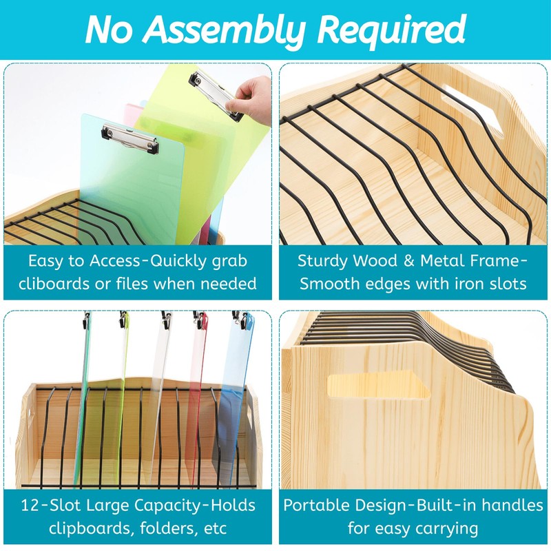 Youeon Large Vertical Clipboard Holder, 12 Slots Wood and Metal