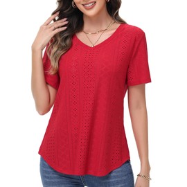 Iysogha Womens Basic Tops Short Sleeve Summer T Shirts Ladies Tops V Neck Work Office Blouse Flowy Fahion Clothing Dressy Business Casaul Shirts Cute Going Out Wear Red Large