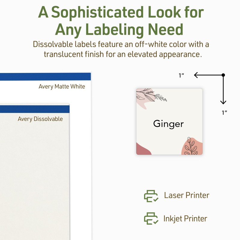Avery Dissolvable Square Labels, Sure Feed Technology, 1" x 1",