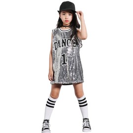 LOLANTA Girls Hip Hop Dance Clothes Kids Jersey Sequin Dress Long Tank Top Jazz Cheerleading T-shirt(Grey,10-12)