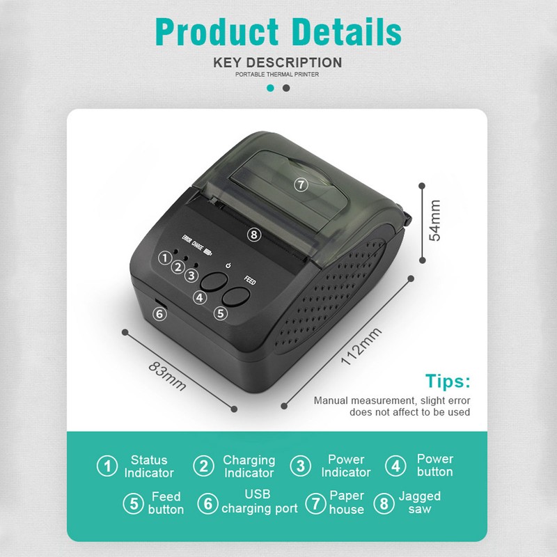 Portable Receipt Printer 58mm Bluetooth 4.0 Fast Printing Low Noise