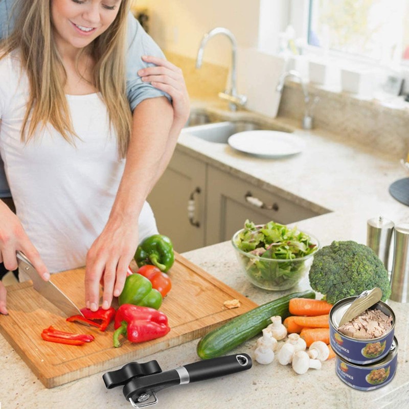 Safety can opener, stainless steel, ergonomic non-slip design with smooth