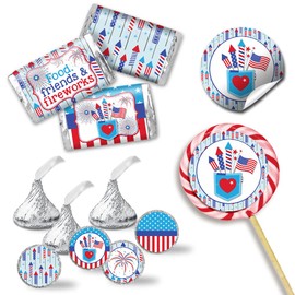 Food, Friends & Fireworks Party Sticker Bundle Kit - 429 pieces!!! Includes 60 2" Circle Stickers for Favors & Goodie Bags, 45 Mini Candy Bar Wrappers & 324 Round Candy Kiss Stickers by Amanda