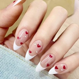 Valentines Fake Nails French Tip Press on Nails Almond Medium Acrylic Nails Heart Designs Rhinestones Glue on Nails Valentine's Day Artificial Fakse Nails Stick on Nails for Women and Girls 24Pcs