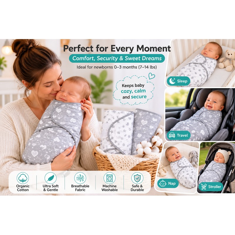 Soft Cotton Baby Swaddles for Newborns 0-3 Months, Adjustable Grey